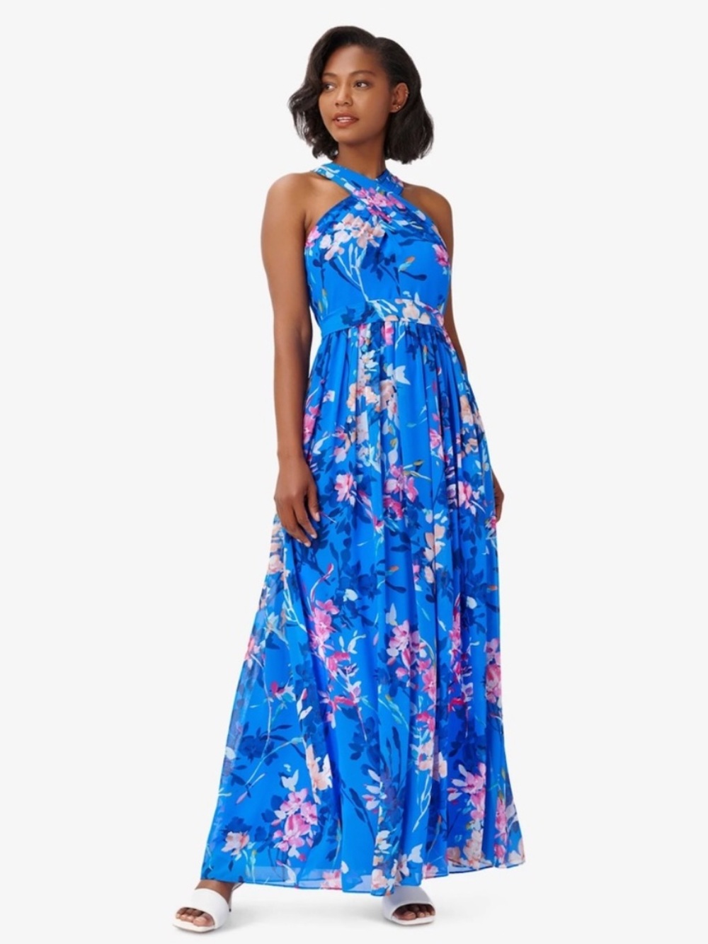 Adrianna Papell floral-print chiffon halter maxi gown size 12